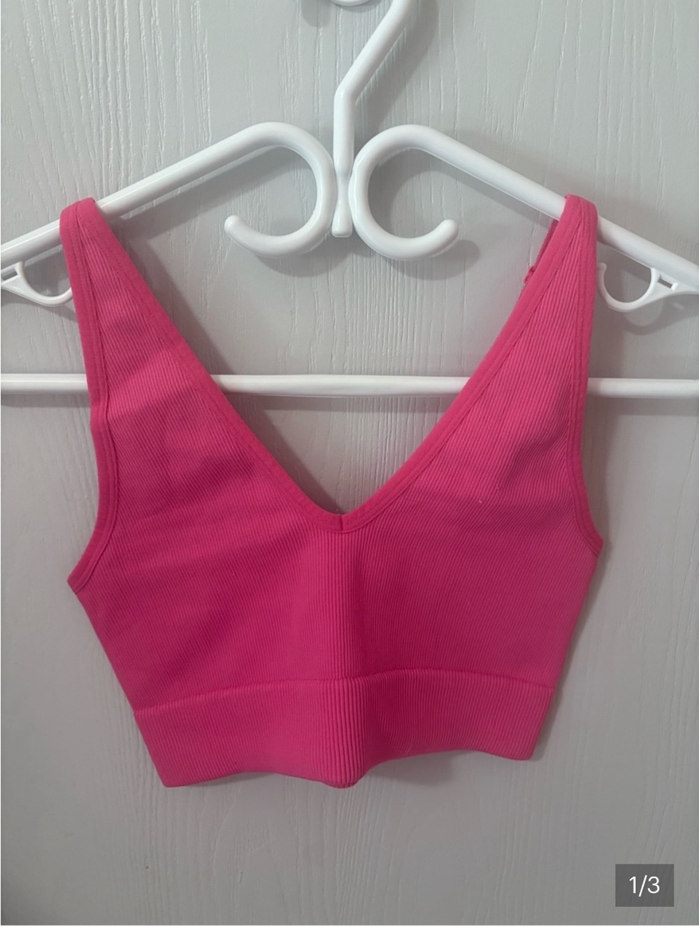 3 for $14 Garage Ribbed V-Neck Crop Sports Bra - Bright Pink size medium